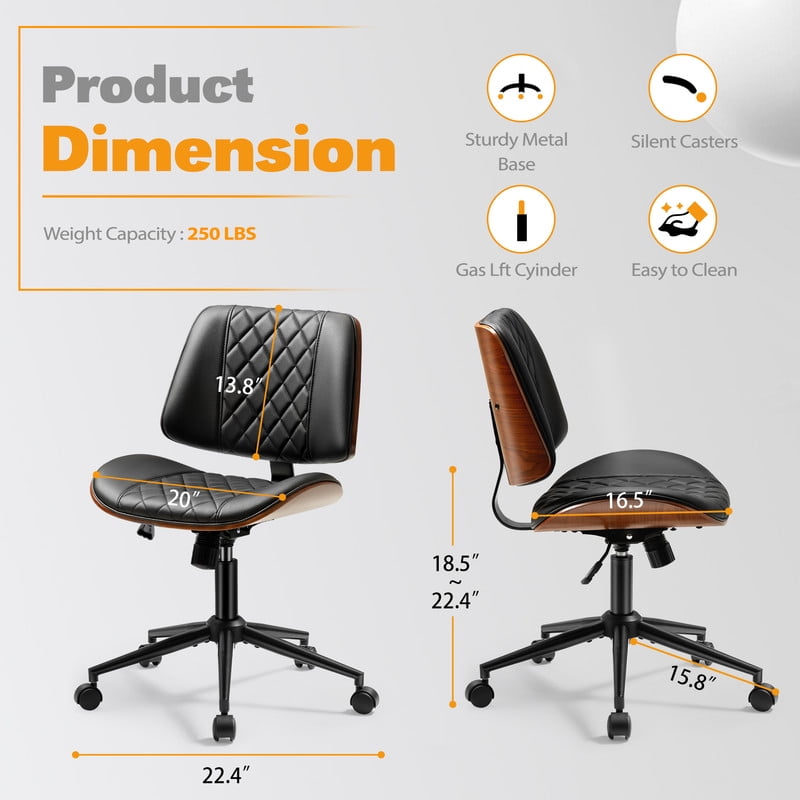 Homall Armless Office Chair, Curved Wood Accent Desk Chair with Adjustable Height, PU Task Chair for for Small Spaces, Black
