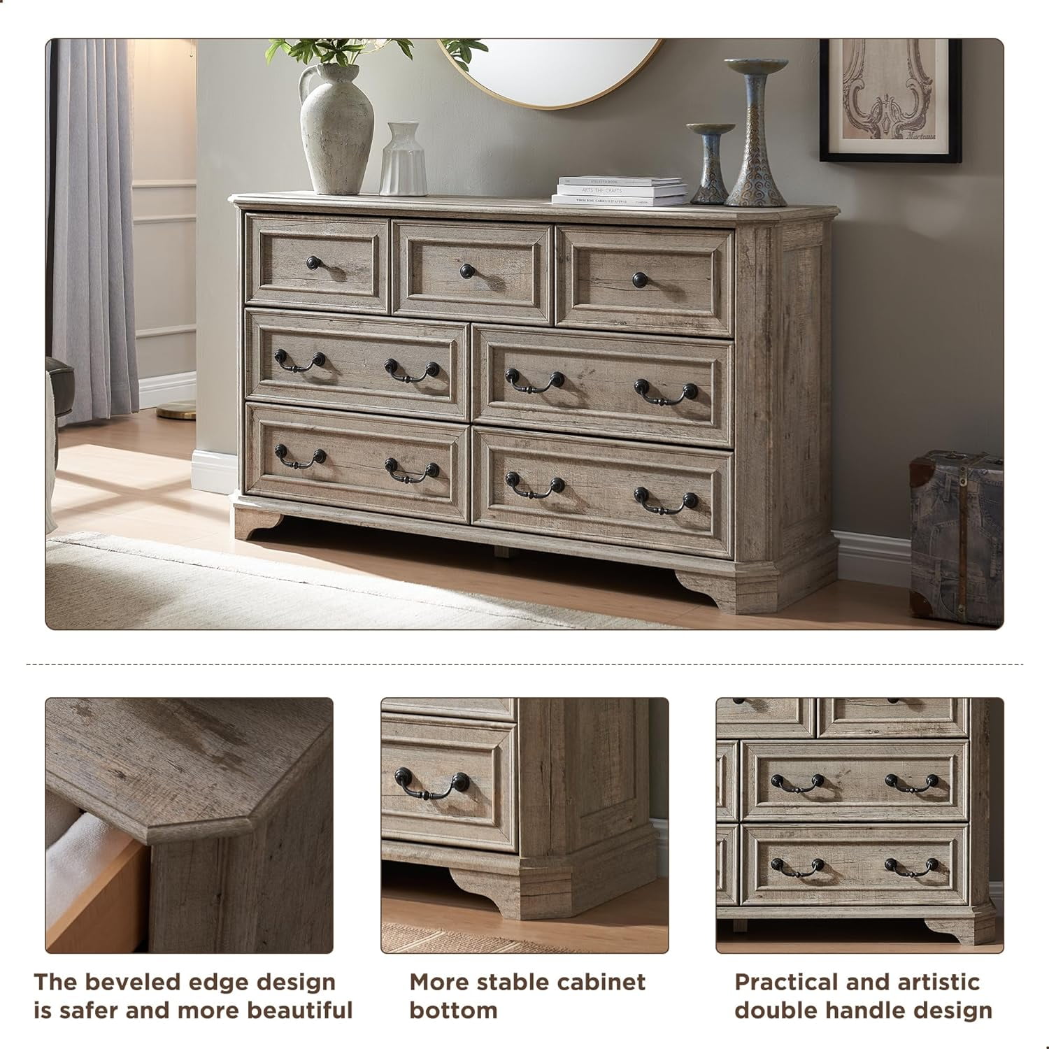 OKD Farmhouse 7 Drawers Dresser Chests for Bedroom, 54" Wide Wood Rustic Storage Cabinet for Living Room, Hallway, Light Rustic Oak