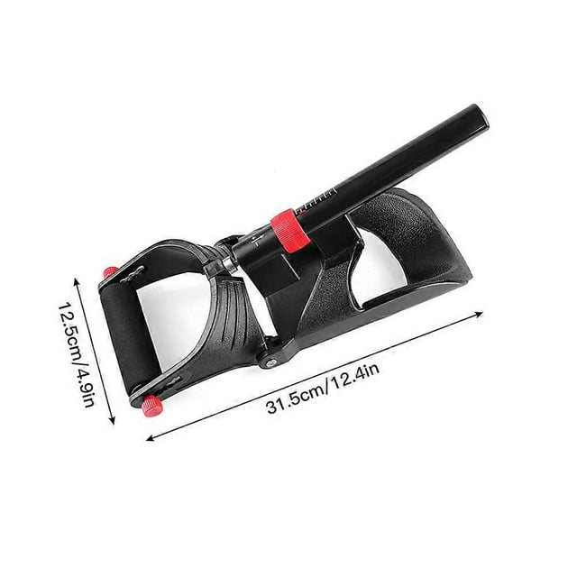 wrist and forearm developer strengthener arm muscle wrist training equipment strength resistance gear arm exerciser home gym fitness dispositivo para entrenamiento de muñeca y antebrazo, vista 3/4 con medidas 31.5 cm x 12.5 cm; carcasa negra de PP con empuñadura de espuma ajustable, cable de acero de alta resistencia y perilla roja para controlar la resistencia; zona antideslizante para apoyo del antebrazo; compacto para transporte; a menudo se usa también para ejercicios de rehabilitación ligera.