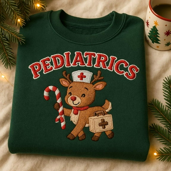 Embroidered Pediatrics Sweatshirt, Cute Reindeer Nurse Gift, Doctor Christmas Crewneck, Pediatrician Xmas Jumper, Candy Cane Tee