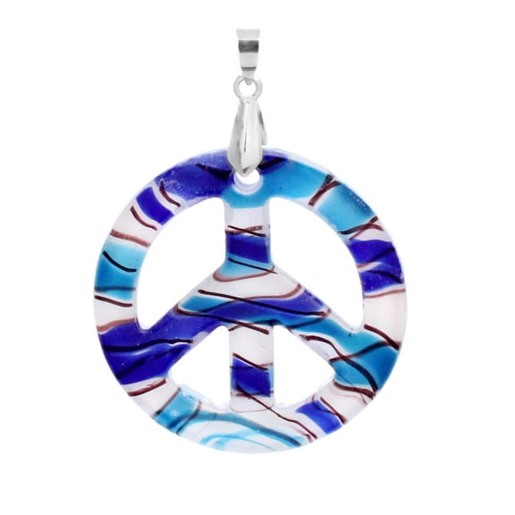 Besheek Murano Inspired Blue and White Ocean Peace Sign Glass Necklace Pendant