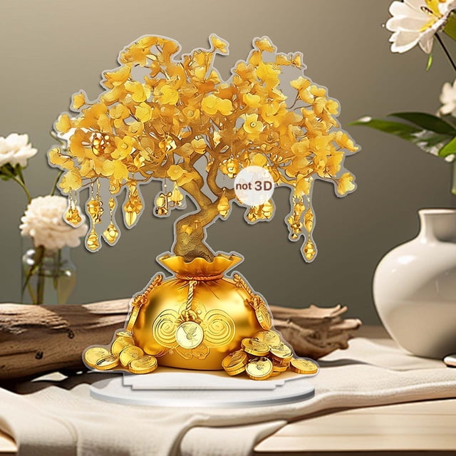 Árbol de la riqueza, decoración de árbol del dinero dorado, regalo de apertura, soporte rodante de metal, base de madera, diseño de 2 niveles, plegable y portátil, para decoración del hogar