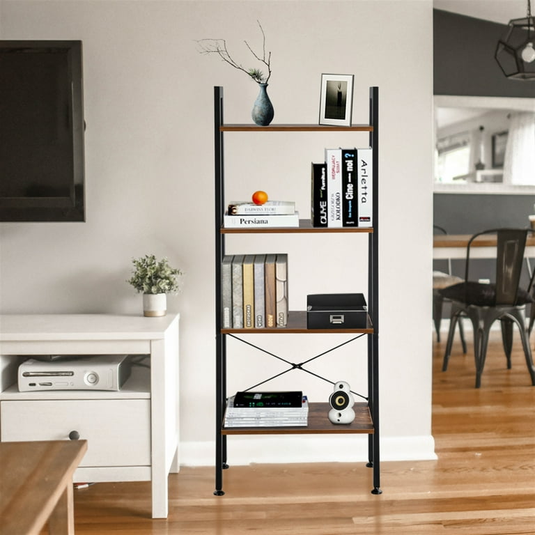 Wood Bookcase with Metal Frames, 4-Shelf Industrial Storage Shelf