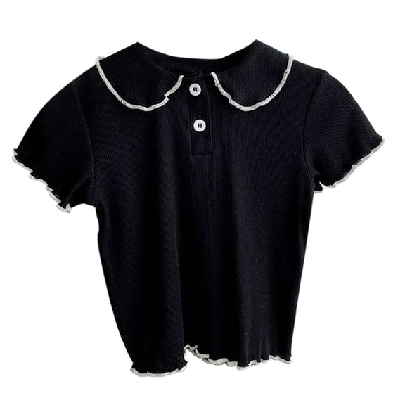 KAUOD Girls Short Sleeved Ribbed Collar Shirt Lettuce Trim Crewneck Lapel T Shirt Toddler Kids Casual Blouse Tee Tops