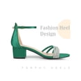 thumbnail image 3 of BLISSFUL STEP Women's Heels Satin Rhinestone Open Toe Block Heel Ankle Strap Sandals Dark Green 9, 3 of 6