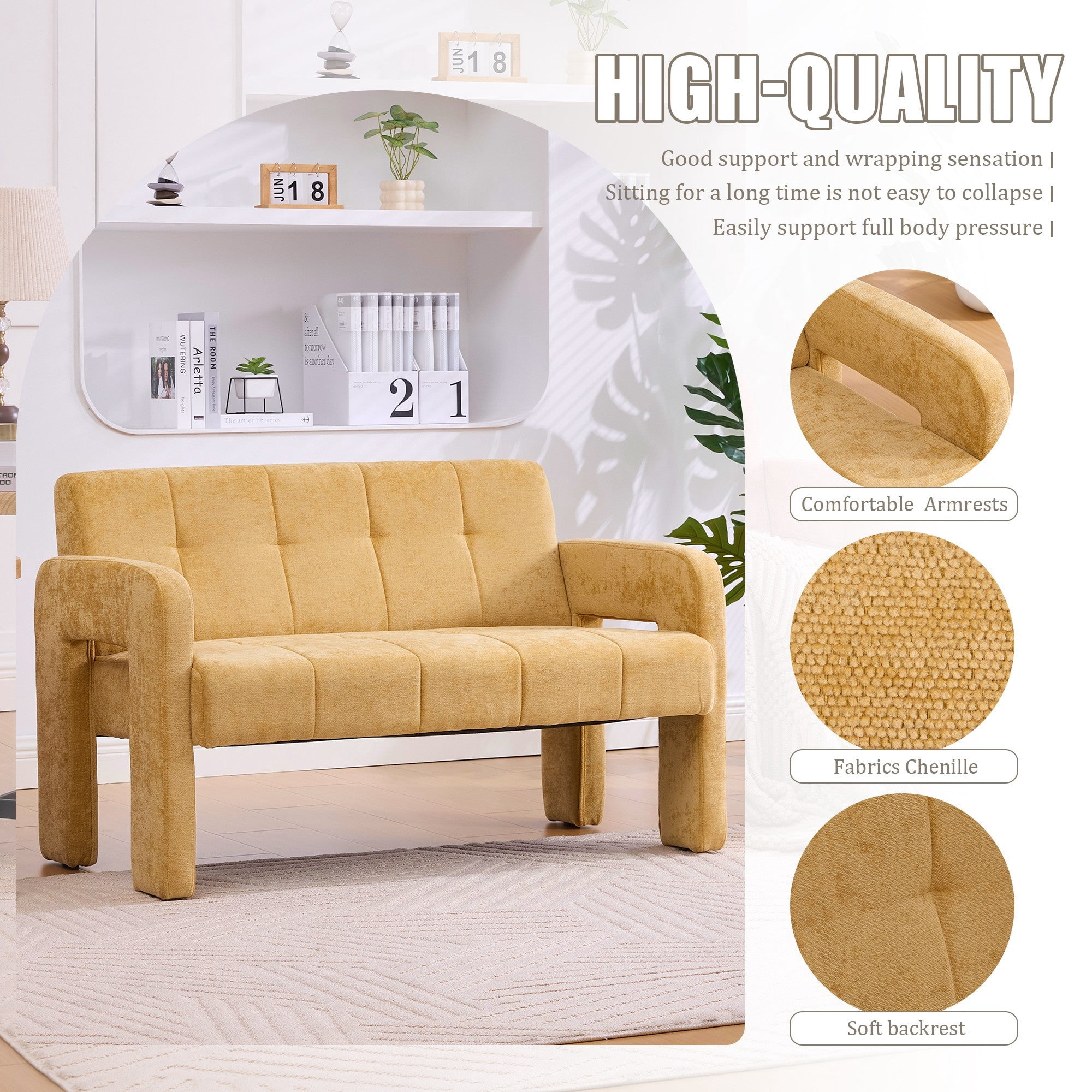 Sailvan Nordic Modern Chenille Loveseat,Compact 2-Seater Upholstered Sofa with Dual Armrests for Living Room,Bedroom,and Small Spaces Yellow