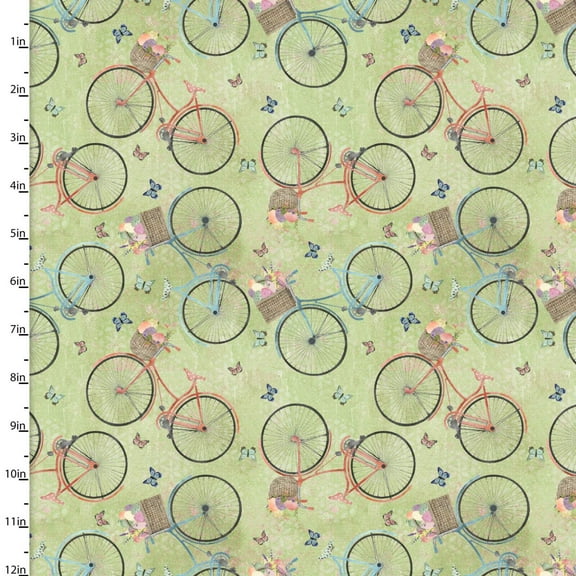 Bunny Kisses Easter Wishes Blooming Bicycles Green Cotton Fabric