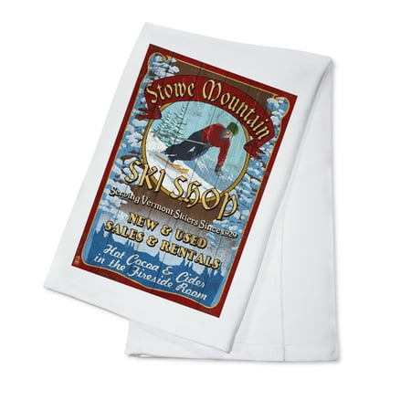 Ski Vermont Shop - Stowe Mountain, Vermont - Ski Shop Vintage Sign - Lantern Press Artwork (100% Cotton Kitchen Towel)