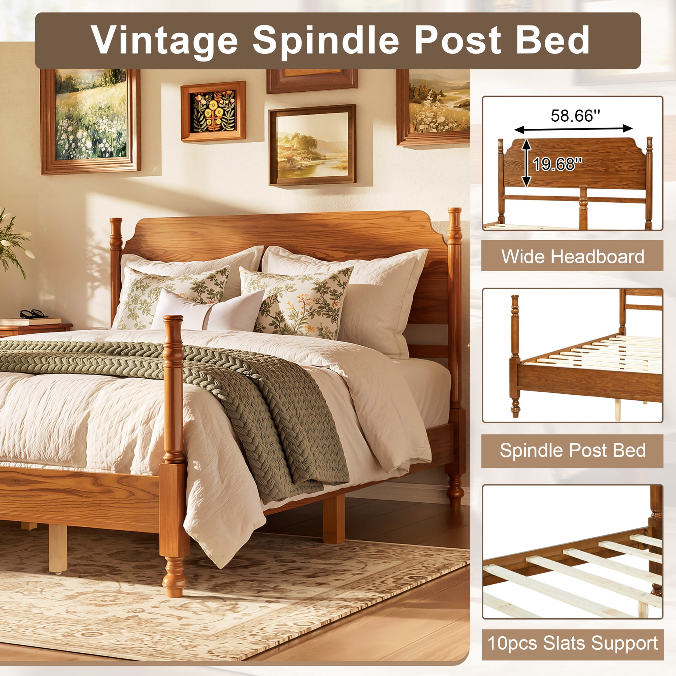 Noble House Queen Spindle Platform Bed with Headboard, Traditional Wood Bed Frame, Light Walnut