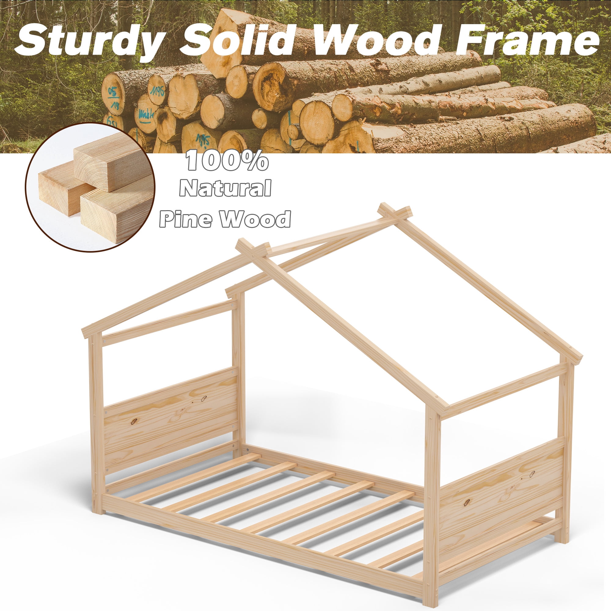 Joywind Twin Solid Wood House Floor Bed Frame with Safety Guardrails, Kids Bed for Boys Girls