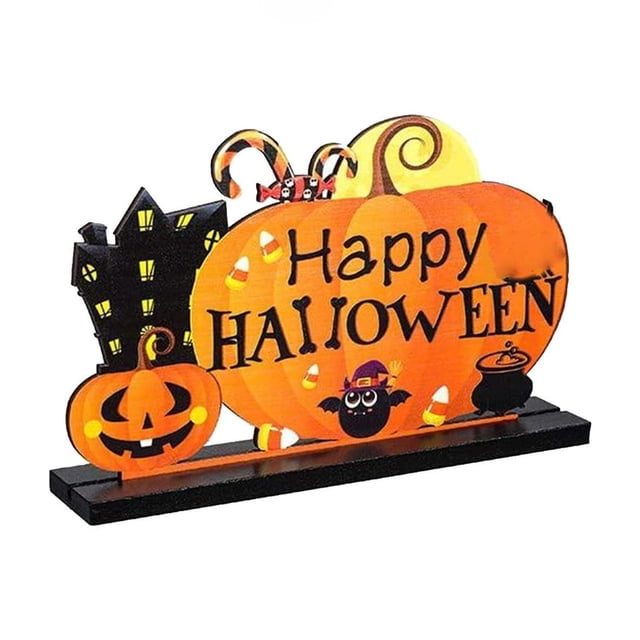 Wooden Happy Halloween Table Decorations, Orange Cushaw Table Decorations Sign Halloween Party Decorations