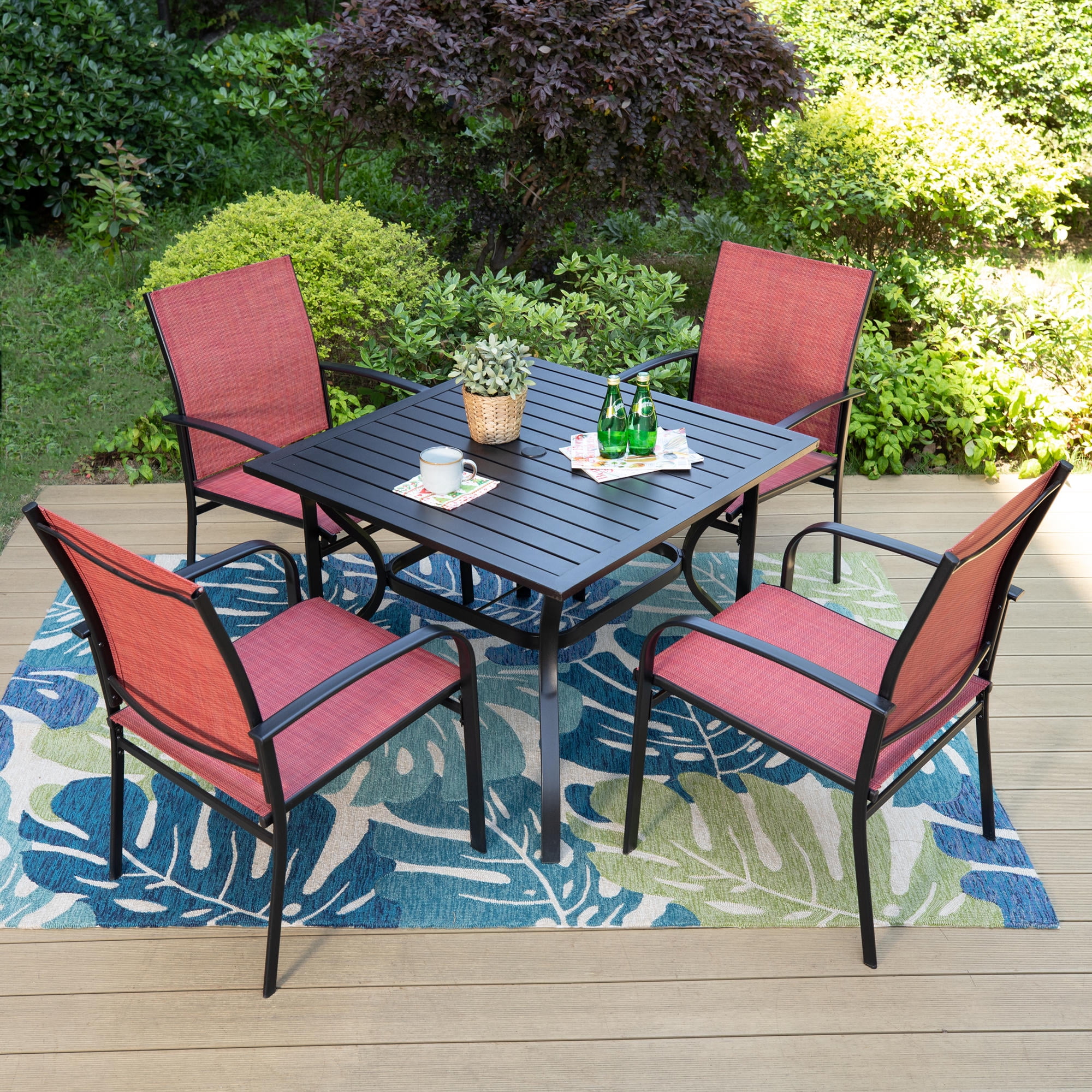 SUMMIT LIVING Set of 4 Outdoor Patio Dining Chairs, Steel Frames with Textilene, Black & Red