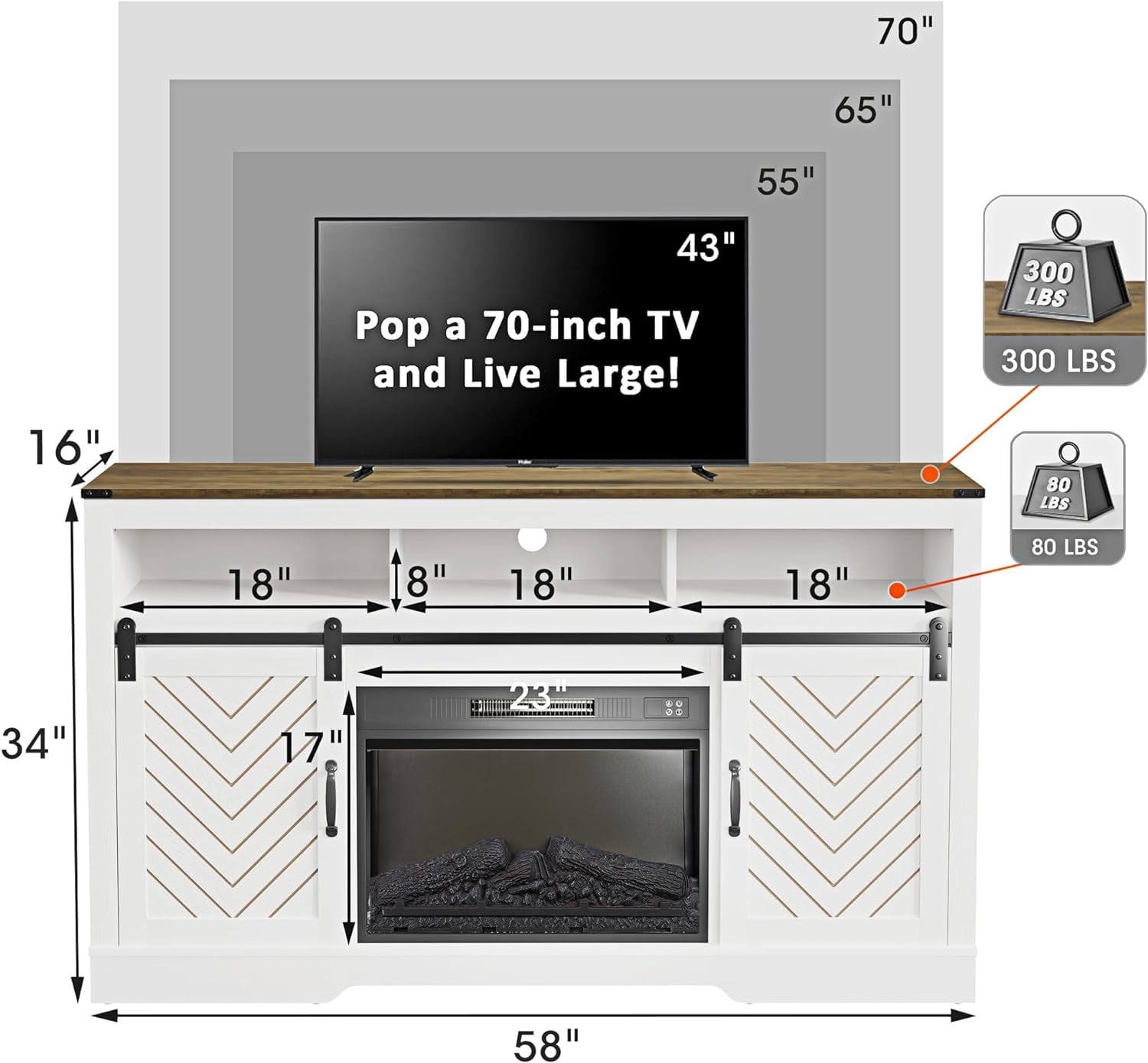 Mayincolor Farmhouse TV Stand for 65+ Inch TV, Tall Entertainment Center, Rustic TV Console with Sliding Bar Door for Living Room (Wood-Tone and White)