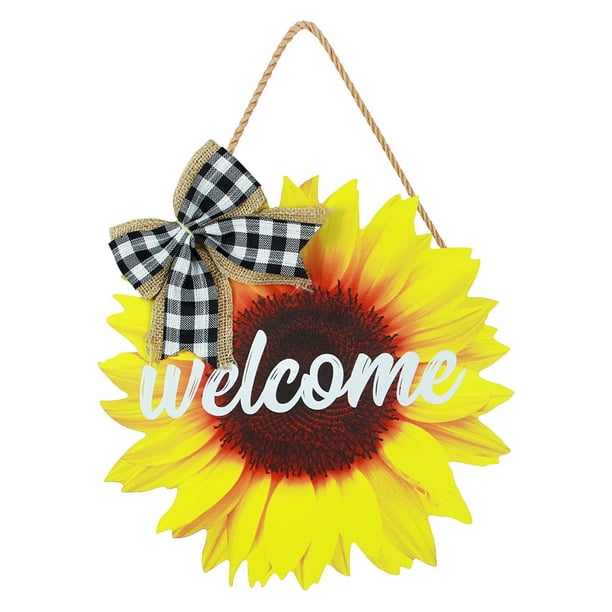 Placa de puerta de bienvenida de madera de girasol para puerta de entrada | Accesorio de decoración de guirnalda colgante de interior al aire libre | Acento de lazo | Decoración de pared de fiesta