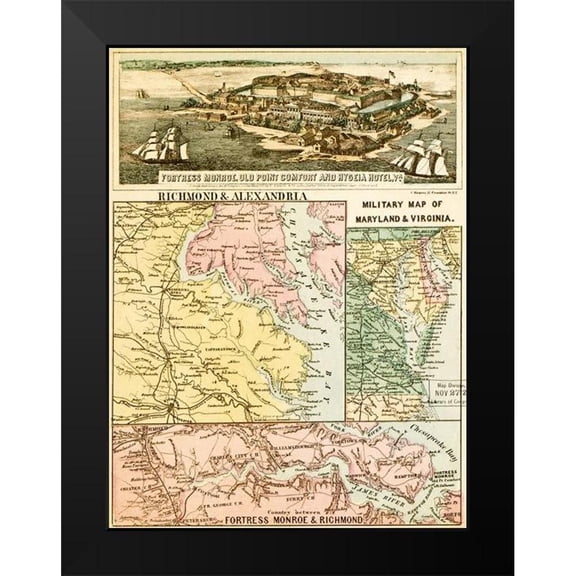 Vintage Maps 11x14 Black Modern Framed Museum Art Print Titled - Pictorially enhanced map with hotel 1861