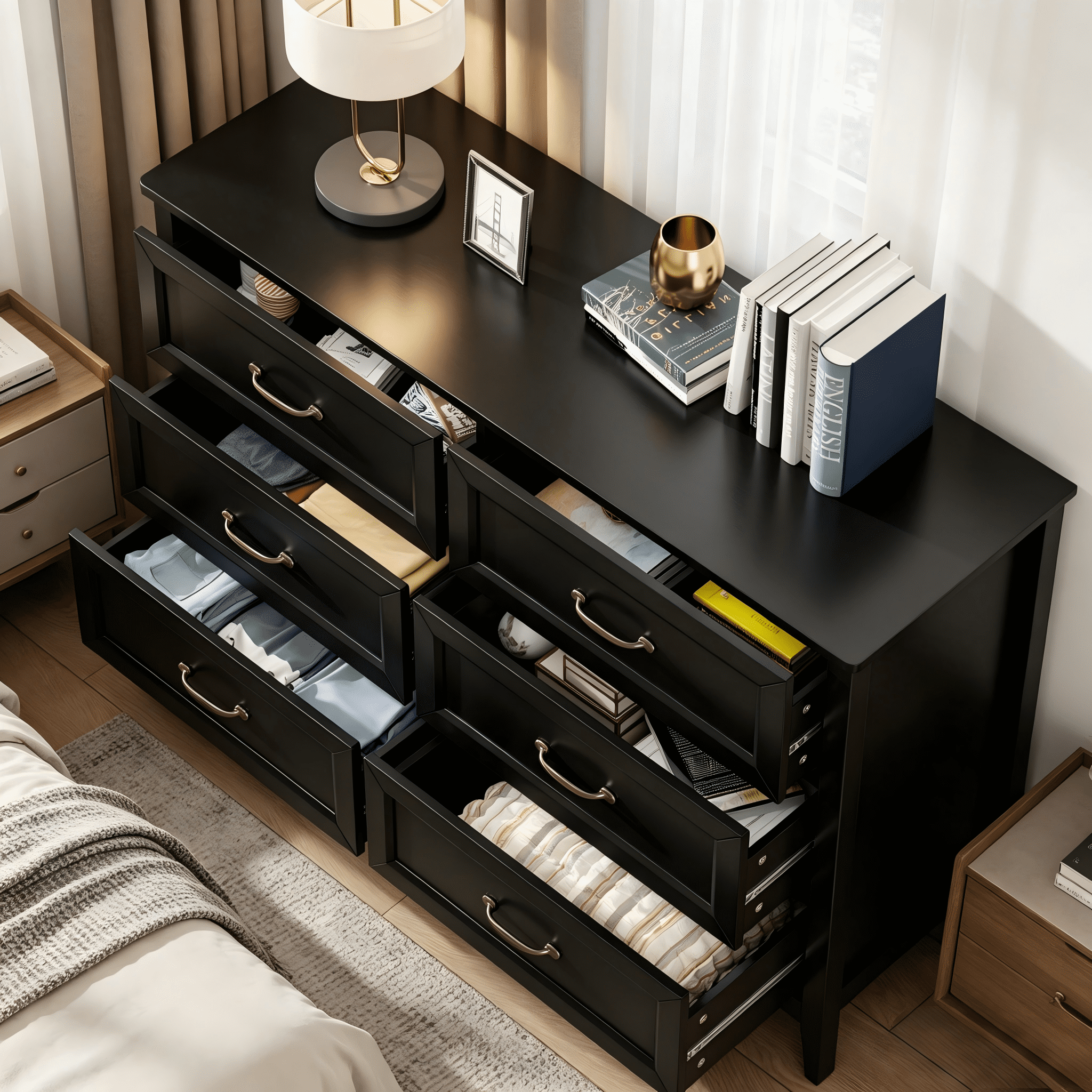 Lofka Black 6 Drawer Dresser with Metal Handle for Bedroom Living Room