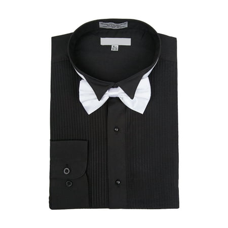 White Laydown Tuxedo Shirt - Men's Wingtip Collar Pleated Tuxedo Shirt Bow Tie