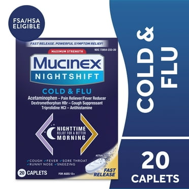 Mucinex Nightshift Cold and Flu Medicine, Fever Reducer, OTC Nighttime Cough Relief, 20 Caplets