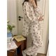 thumbnail image 4 of Pijamas con estampado de dibujos animados de oso para mujer, cárdigan de cuello redondo con botones, Top + Pantalones, traje de casa, ropa de dormir suelta, D668, otoño, 4 of 4