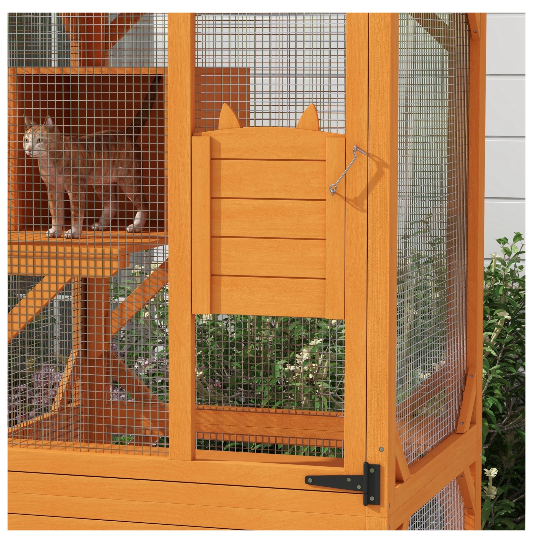 Cat House Outdoor Indoor, 71" Wooden Catio Enclosure, Large Cat Condo with Asphalt Roof & Wheels, for 1-3 Cats - Orange