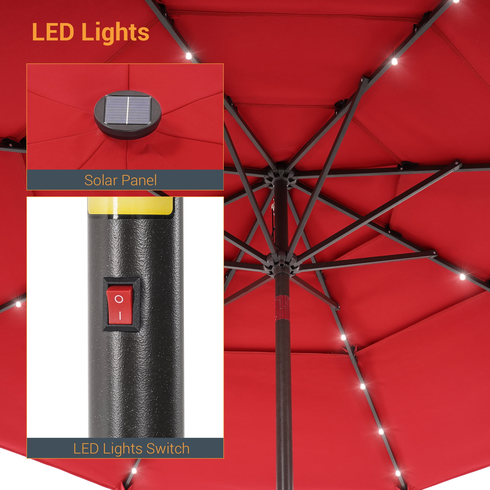 ACEGOSES 10ft LED 3 Tiers Patio Market Umbrella Outdoor with Ventilation for Garden, Deck and Pool,Red