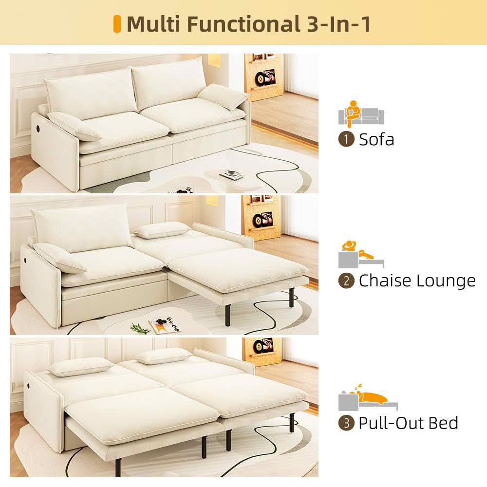 MAYEERTY 81.1" 4‑Seat Convertible Sleeper Sofa Bed, Cloud‑Like Chenille Couch with Storage, USB Port and 2‑in‑1 Pillows