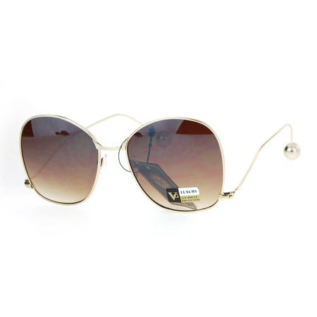 Womens Drop Temple Swan Arm Thin Metal Butterfly Sunglasses Gold Brown