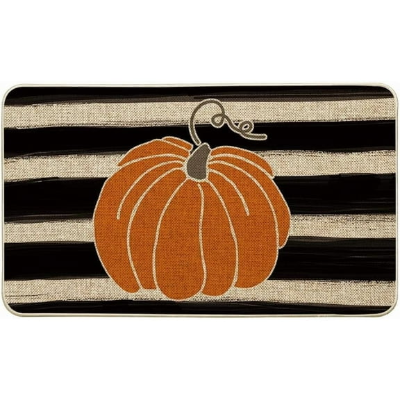 Watercolor Stripes Pumpkin Decorative Doormat, Fall Seasonal Harvest Thanksgiving Vintage Rustic Low-Profile Yard Floor Mat Switch Mat for Indoor Outdoor 17 x 29 Inch