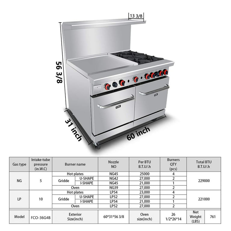 Heavy Duty 60''Gas 2 Burner Range With 48'' Griddle and 2 Standard Ovens -  Kitma Natural Gas Cooking Performance Group for Kitchen Restaurant, 206,000  BTU 