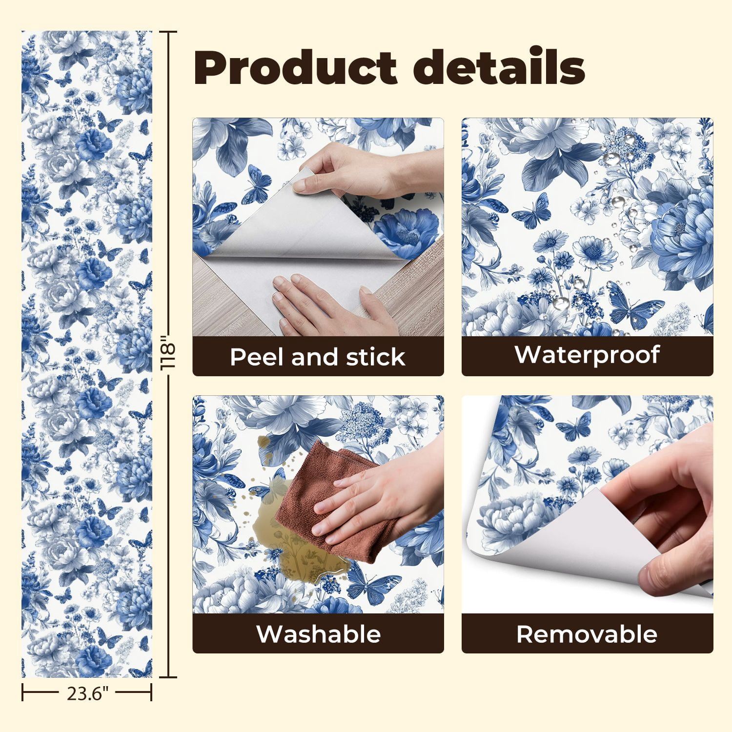 Vintage Peel and Stick Wallpaper 23.6in x 9.8ft Blue Floral Butterflies Hand Drawn Style Contact Paper Vinyl Self-Adhesive Removable Wall Paper for Bedroom Kitchen Cabinet Décor Renter Friendly