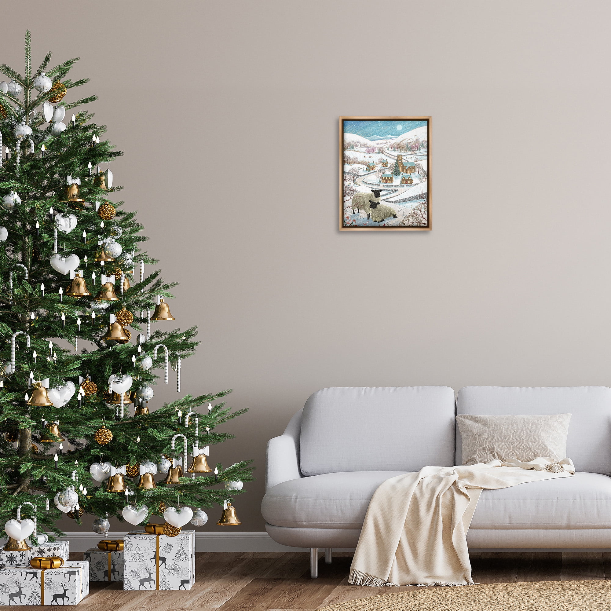 Stupell Industries Sheep on Wintery Hill Animals & Insects Painting Brown Floater Framed Canvas Art Print Wall Art, 17 x 21