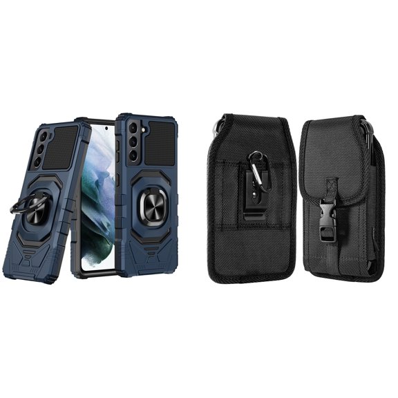 Case with Belt Holster Bundle for Samsung Galaxy S22  Plus: Heavy Duty Shield Cover (Blue) and Vertical Nylon Buckle Phone Pouch