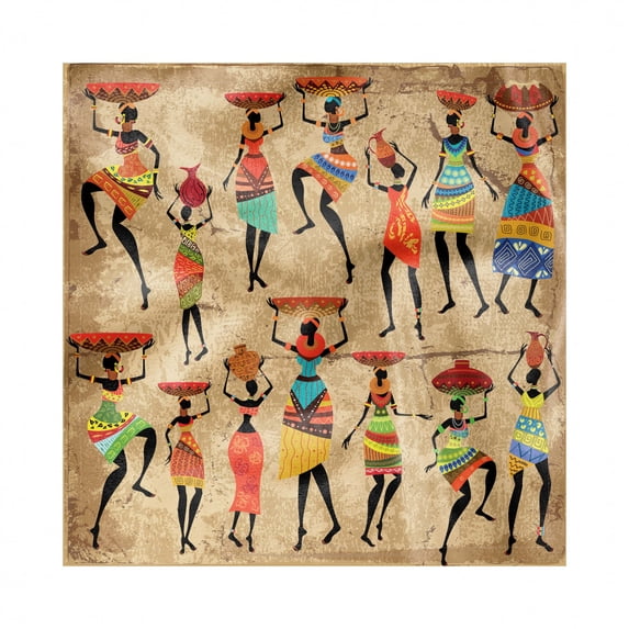 African Decorative Napkins Set of 4, Woman Silhouettes with Traditional Clothes Carrying Bowls on Head, Silky Satin Fabric for Brunch Dinner Party, 12", Ecru Multicolor, by Ambesonne