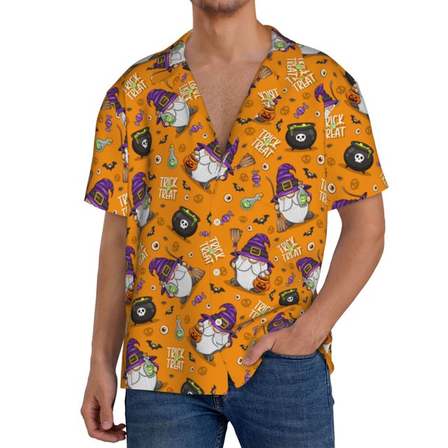 Balery Halloween Witches Gnome Camisa Casual de Manga Corta con Botones para Hombre, Texturizada, Estilo Cubano, para Playa, Verano-X-Large