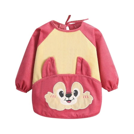 Long Sleeve Bibs Toddler Kids Funny Apron Corduroy Coverall Dirt-Proof Apron Reverse Wearing Cute Soft Bibs Hot Pink 5 Years