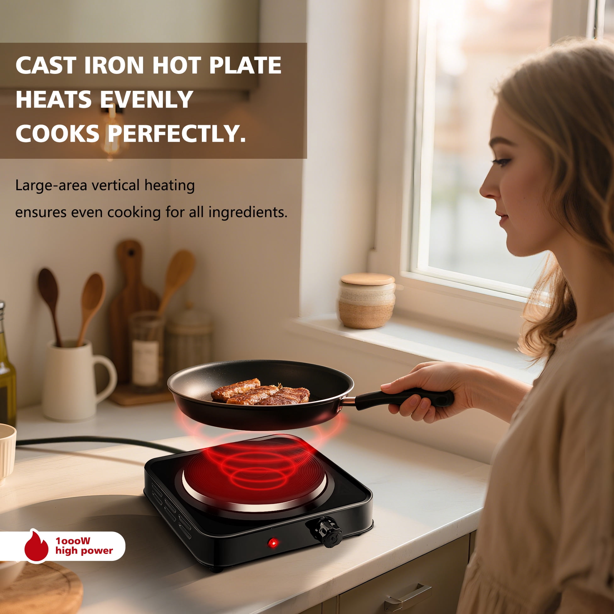 Electric Hot Plate, 1000W Countertop Burner,Cast Iron Single Burner ,Portable Electric Stove, Portable Single Burner for Cooking,Easy to Clean, White.
