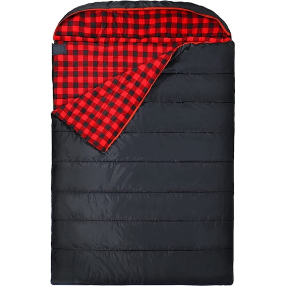 REDCAMP Flannel Sleeping Bag for Adults, Large Cotton Sleeping Bags for Camping with Detachable Hood, Red Plaid with 3lbs Filling