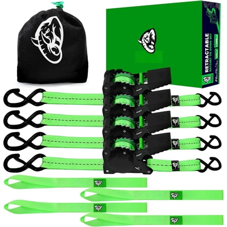 Retractable Ratchet Straps(4 Pack) - 1in x 10ft Self Retracting Ratchet Straps with Soft Loops 1 500 lbs Break Strength Retractable Tie Down Straps Easy Retract for Motorcyle Cargo Trailer