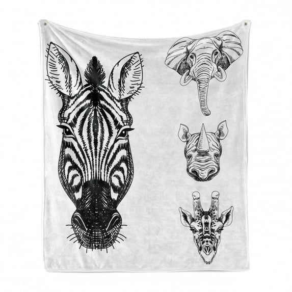 Animal Soft Flannel Fleece Throw Blanket, Monochrome Sketch of Zebra Giraffe Heads Wildlife Animal Zoo Image, Cozy Plush for Indoor and Outdoor Use, 60" x 80", White and Black, by Ambesonne