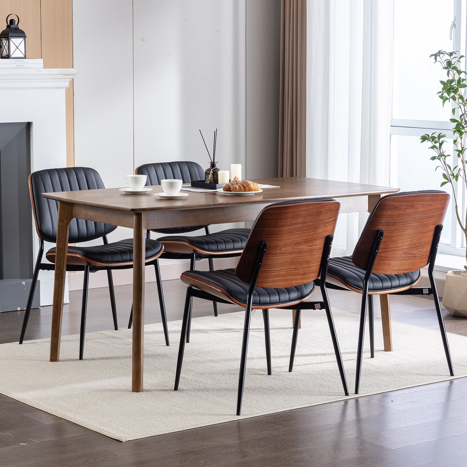 Mid Century Modern Dining Chairs Set of 6, Black Kitchen & Dining Room Chairs Set of 6, Upholstered PU Leather Kitchen Chairs for Dining Table, Sillas de Comedor, Metal Leg, Walnut Back(Black, 6 Pcs)