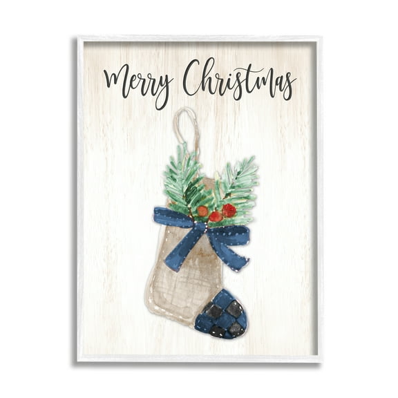 Stupell Indtries Merry Christmas Phrase Rtic Blue Plaid Holiday Stocking,16 x 20,Design by Lanie Loreth