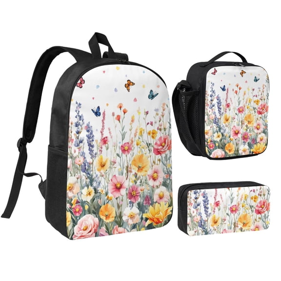 Spring Flower Backpack Set 3pc Including Backpack, Lunch Bag and Pen Bag Combination