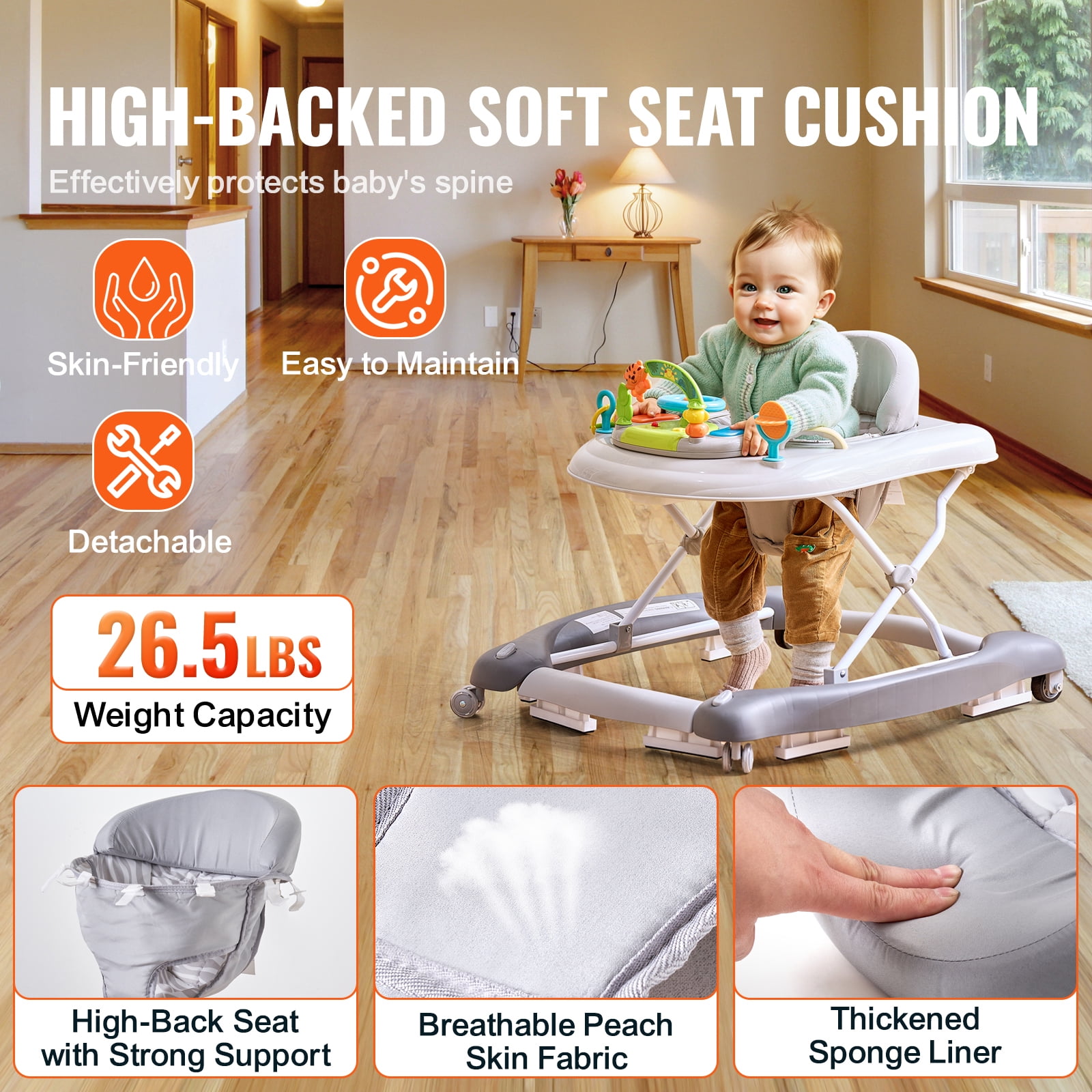 KFFKFF Baby Walker 4 in 1, Foldable Height Adjustable Baby Walker with Wheels, Infant Toddler Walker with Foot Pads, Anti-Fall Baby Walker With Music & Toys Tray for Boys and Girls 6-24 Months