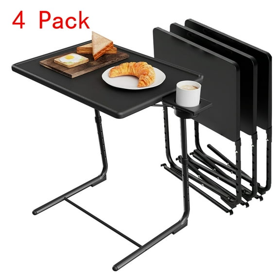 CHITOOMA 4 Pcs TV Tray Table with Cup Holders, Portable C-Shaped Side Dinner Tray Table, Adjustable 6 Heights & 3 Tilt Angle for Living Room, Bedroom, Black