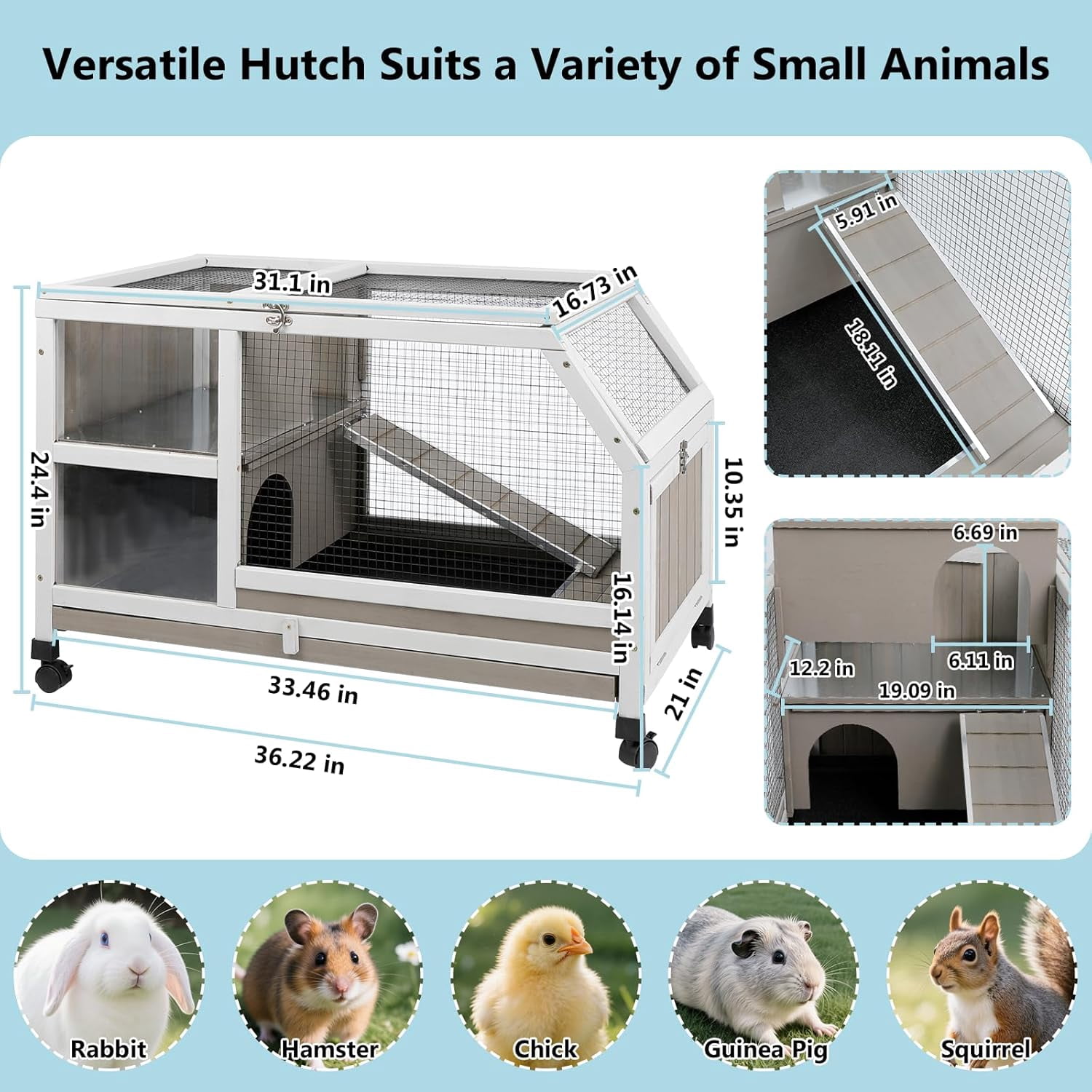 Petsblublu Outdoor Rabbit Hutch, Indoor Wooden Bunny Cage with Wheels