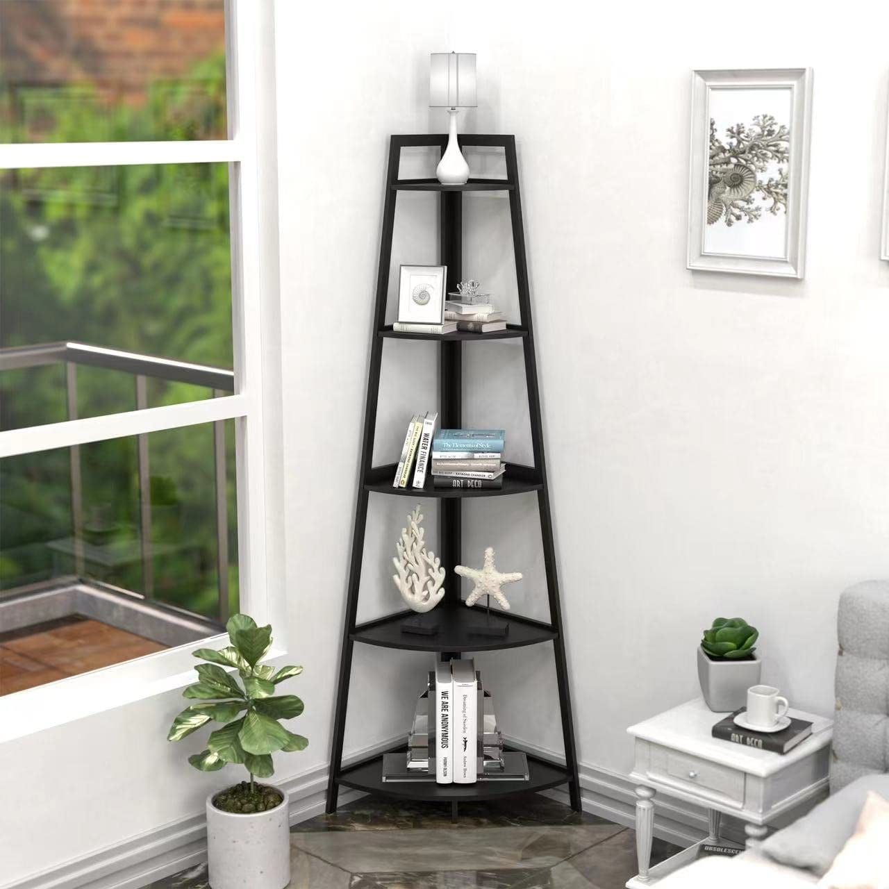 WTZ Corner Shelf 5 Tier Bookshelf Open Ladder Book Case Modern Bamboo