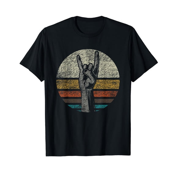 Retro Rock On Hand Horns for Rock and Roll Music Lovers Black T-Shirt