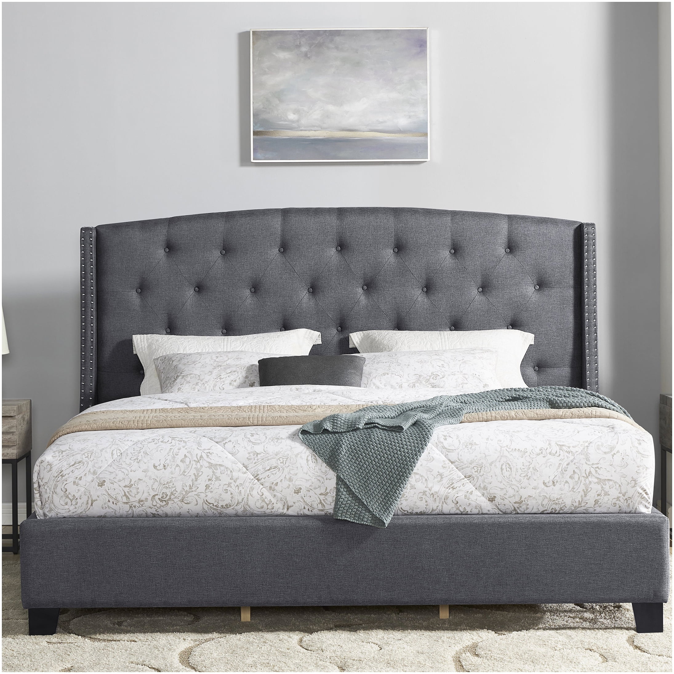 Gray Upholstered Queen Bed Frame with Wingback Headboard, Button Tufted Design and Nailhead Trim for Modern Bedroom