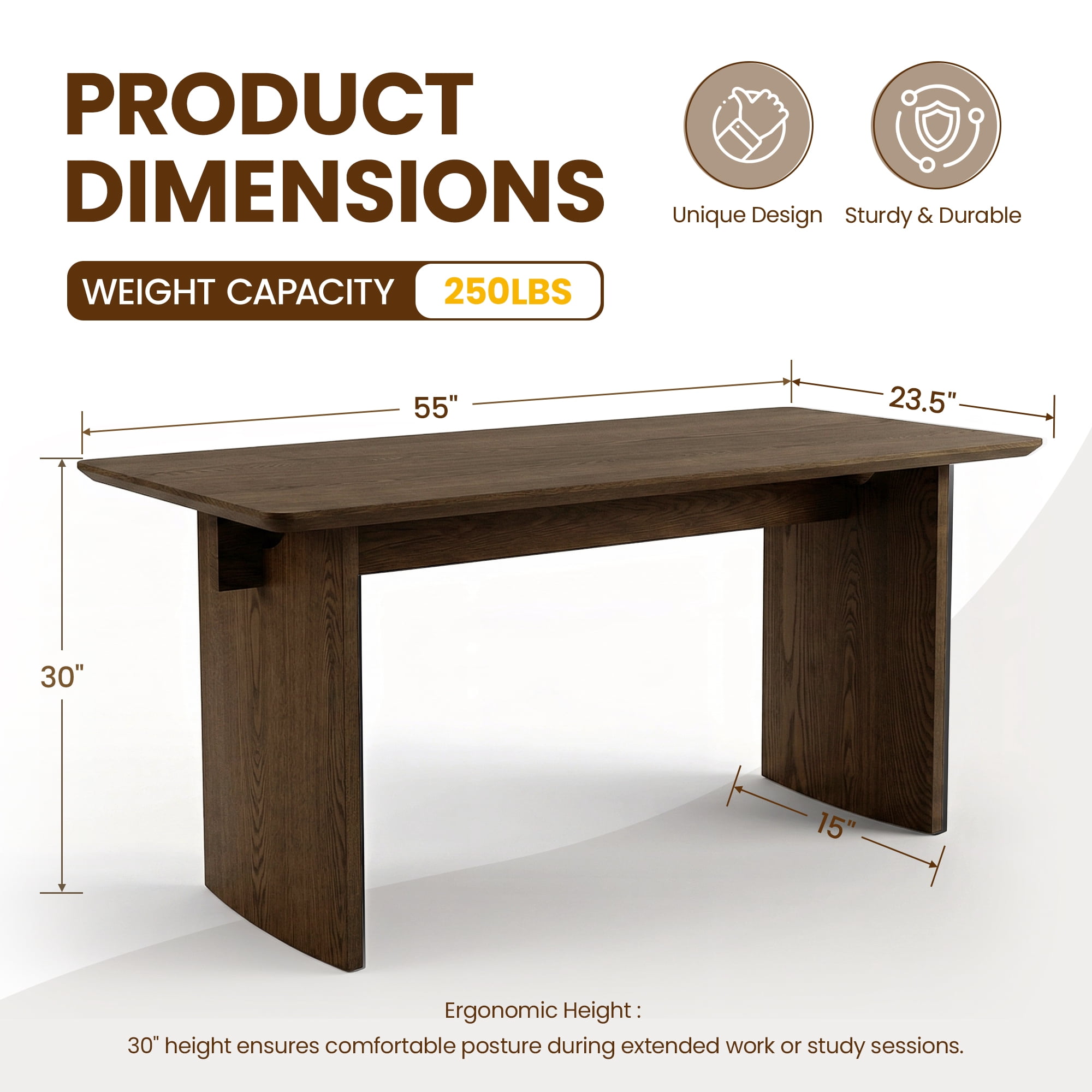 Guyou 55" Natural Oak Desk, Light Wood Finish MDF Study Table, Versatile Vanity & Office Desk with Sculptural Legs, Sturdy Two-Pedestal Design for Work & Study, Walnut