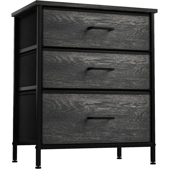 Sorbus Nightstand with 3 Drawers - Steel Frame, Wood Top & Easy Pull Fabric Bins - Perfect for Home, Bedroom, Office & College Dorm (Rustic Black)